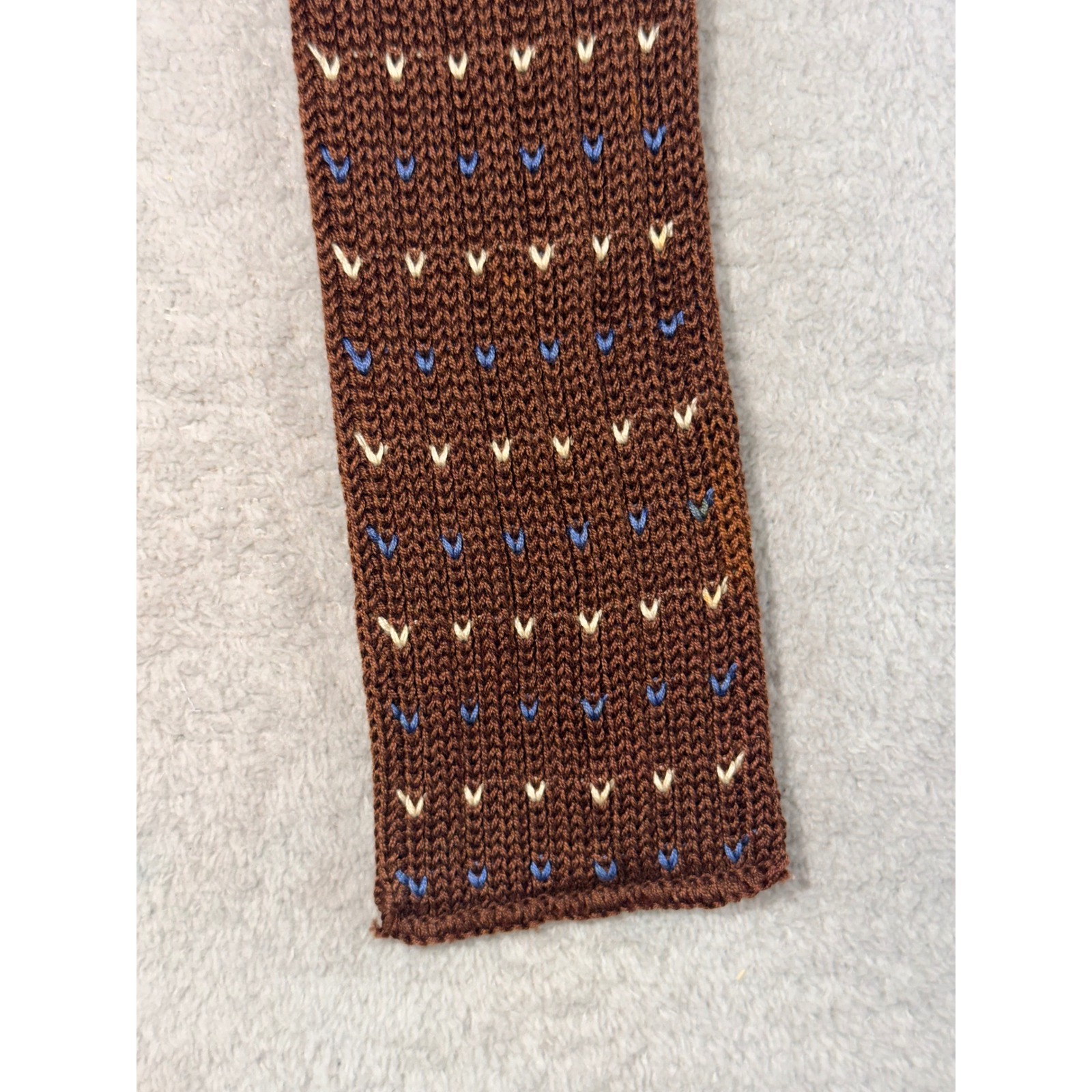 Vintage Rooster Cottonit Brown Knit Tie 100% Cotton Lisle Blue Cream V Pattern